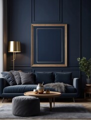 Mock-up frame in dark blue home interior with sofa, fur, table and branch in vase
