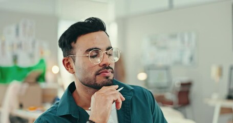 Man, writing or fashion designer thinking of ideas, inspiration or planning clothes production in notes. Indian person contemplating creative project info or thoughtful strategy in a tailor business