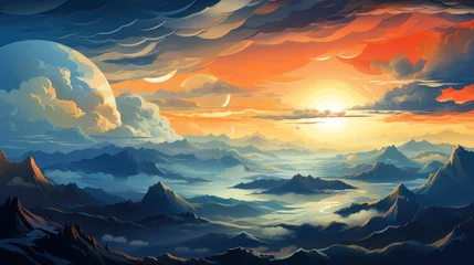 Rolgordijnen Yellow Blue Dawn Over Clouds Concept, Background Banner HD, Illustrations , Cartoon style © Alex Cuong