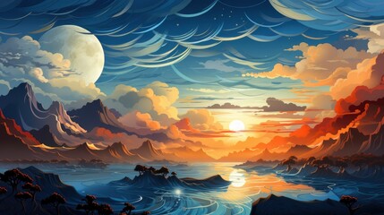 Yellow Blue Dawn Over Clouds Concept, Background Banner HD, Illustrations , Cartoon style