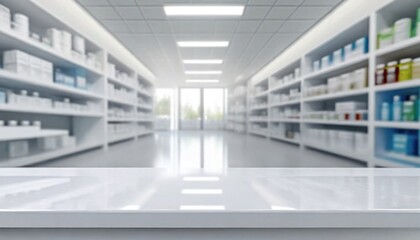 Counter with a blurred pharmacy store background, showcasing empty shelves ready for product display