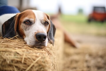farm dog resting by a hay stack - obrazy, fototapety, plakaty