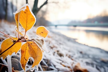 frosted leaves on riverbank beside ice