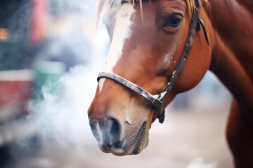 steaming horse breath in cold - obrazy, fototapety, plakaty