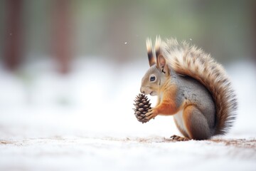 Obraz premium squirrel nibbling a pine cone in snow