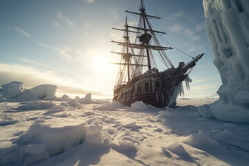 wide angle cinematic shot of a pirates ship stuck in ice on the north pole