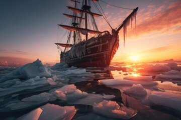wide angle cinematic shot of a pirates ship stuck in ice on the north pole, low angle view