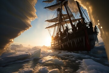 pirates ship stuck in ice on the north pole, low angle view