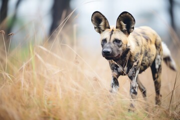 wild dog with alert expression during a hunt