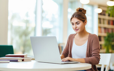 young female student studying on laptop