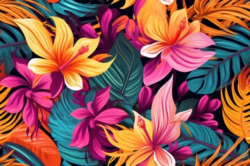 beautiful multicolored seamless pattern with tropical flowers and lush exotic leaves