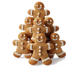 Happy cute gingerbread men standing together in formation. Merry Christmas cookies. Transparent background isolated object drop shadow. Xmas holiday season. Sweet pastries. Beautifully decorated.