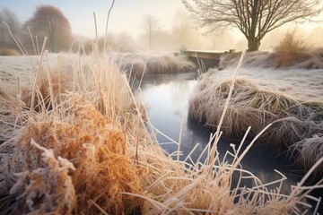 frost-covered grasses framing a narrow icy brook - obrazy, fototapety, plakaty