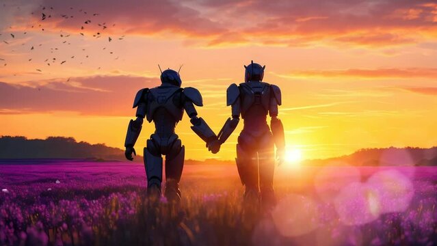 couple of robot walking in the fantasy sunset, Seamless Animation Video Background in 4K Resolution