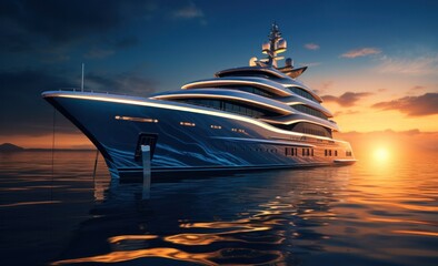luxury yacht at sunset,