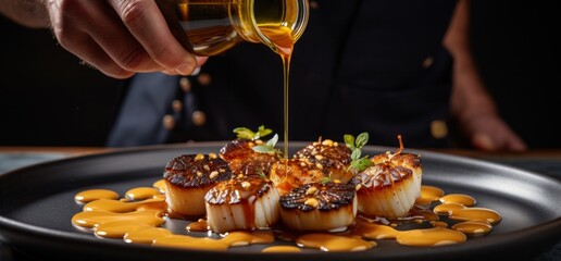 man pours some sauce over scallops on a plate