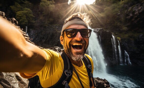 man takes selfie in front of waterfall