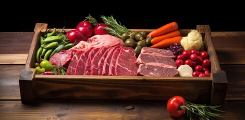 meat and vegetables in wooden tray