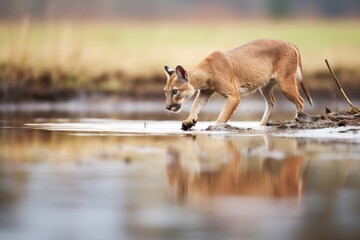puma pacing edge of a pond, hunting