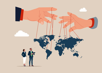Business team hands with manipulate the world. Domination and control. Flat vector illustration - obrazy, fototapety, plakaty