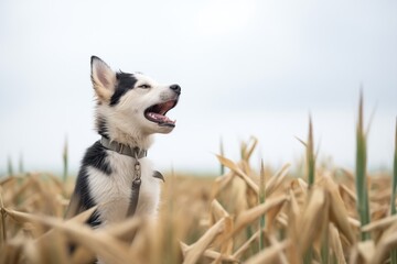 husky mix howling in the open farmland