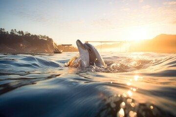sunrise glint on dolphins skin, ocean leap