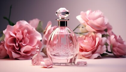 perfume bottle with pink roses on the ground