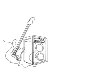 Continuous one line drawing of electric guitar with amplifier. Guitar and audio speaker outline vector illustration. Editable stroke.