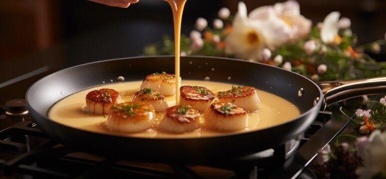 person pouring cream over scallops on a stovetop