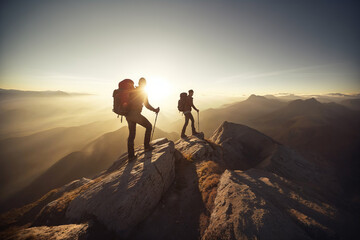 Couple of hikers on top of high mountains at sunset or sunrise, walking and enjoying their team achievement, climbing success, adventure  and freedom, looking towards the horizon - obrazy, fototapety, plakaty
