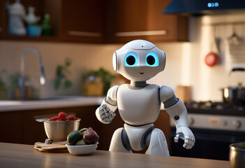 robert robot standing in the kitchen - obrazy, fototapety, plakaty