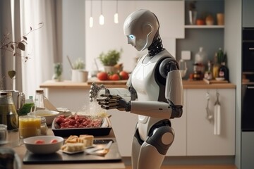 robert robot standing in the kitchen - obrazy, fototapety, plakaty
