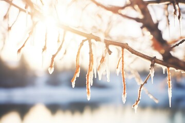 icicles hanging from a branch over a frozen lake - Powered by Adobe