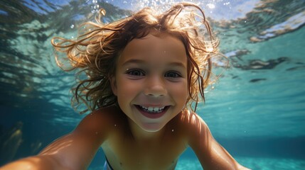 Fototapeta na wymiar child taking selfie undewater while swimming with a smile