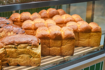 Soft fluffy white bread loaf, Japanese milk bread on display in a store