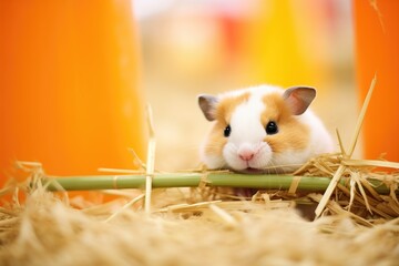 hamster creating a hideout of straw