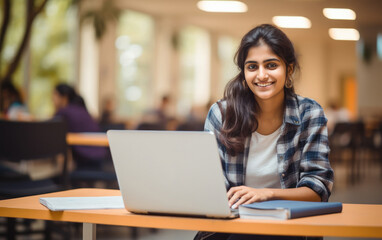 young indian female student studying on laptop - obrazy, fototapety, plakaty