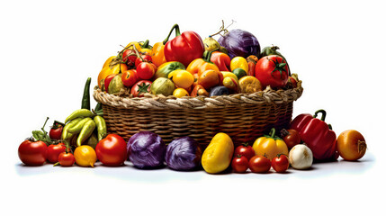 Fototapeta na wymiar Natures bounty, A wicker basket filled with vibrant vegetables, fruits, and herbs