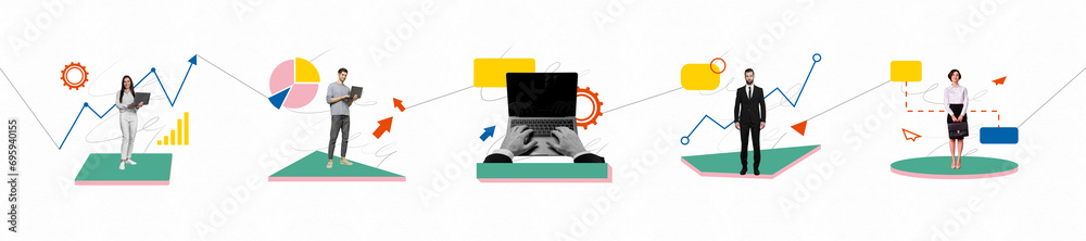 Aufkleber creative collage picture illustration young successful hardworking teamwork progress up charts analy