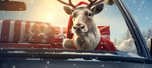 Merry Christmas concept holiday vacation winter greeting card - Cool reindeer with santa claus hat and gift boxes with ribbon in car, blue sky with snowflakes background