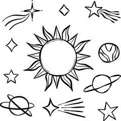 Fototapeta premium Hand drawn celestial clip art vector illustration elements, sun shooting stars and planets, isolated collection