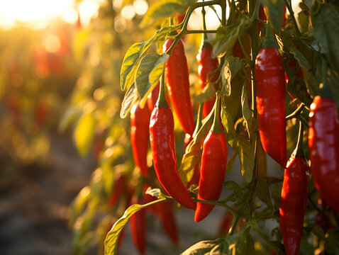 Close-up red chilies in the farm. Chili is ripe and ready to harvest.