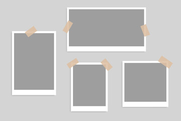 Photo frame collection. Blank photo frame design with adhesive tape. Photography album frame mockup template. Vector illustration