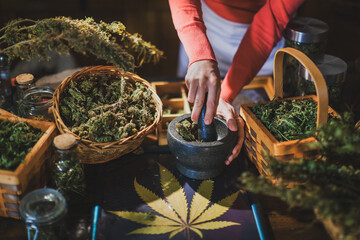 Female Hands Preparing a Medical Cannabis Extract in an Alternative Herb Medicine Store using a...