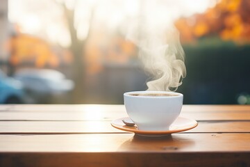 Naklejka na ściany i meble breath mist over hot coffee cup outdoors