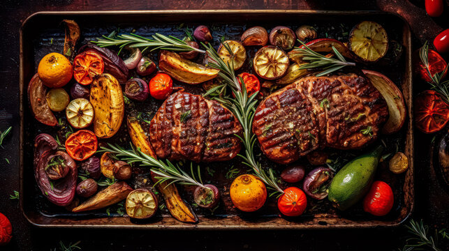 Savor The Moment, Top View Of Succulent Baked Pork With Fresh Vegetables In A Dark Baking Dish