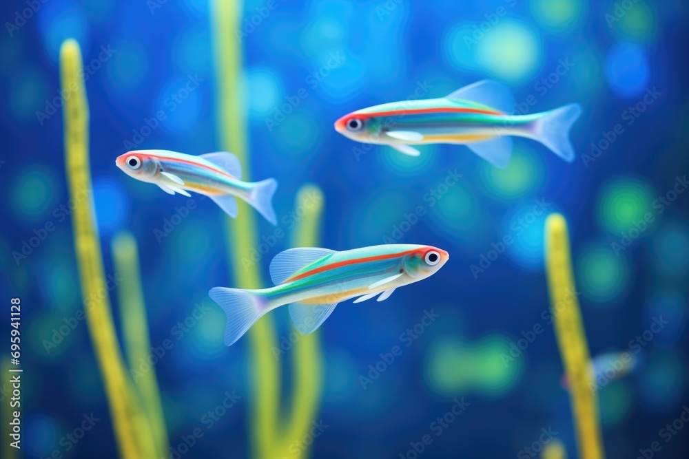 Poster neon tetras swimming towards a beam of light