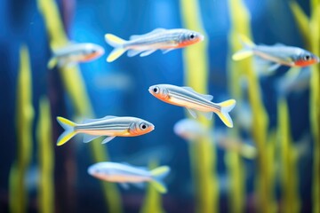 neon tetras swimming towards a beam of light