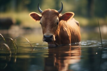 young ox touching water, curious gaze