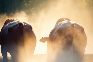 backlit oxen with steam rising from their backs in cool air